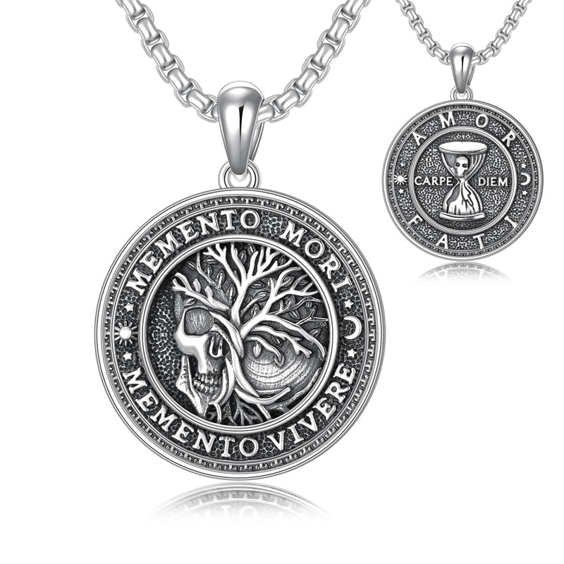 Sterling Silver Memento Mori Gothic Skull Amulet Pendant Necklace for Men