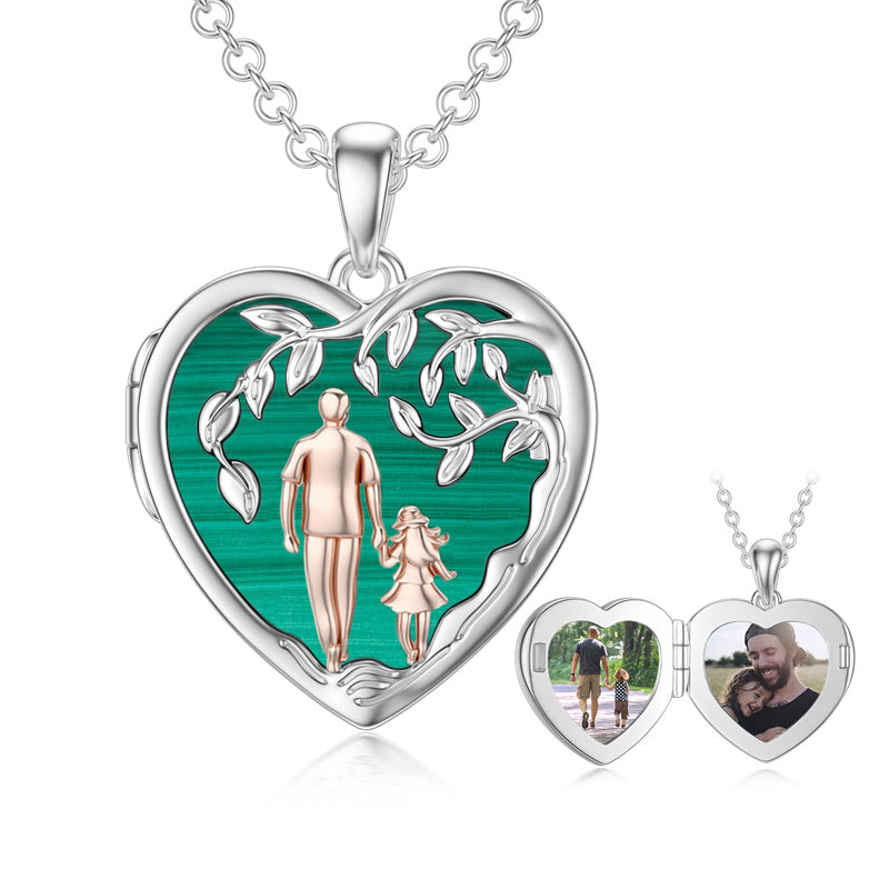 Sterling Silver Personalized Photo Abalone Shell Turquoise Malachite Father Daughter Pendant Necklace