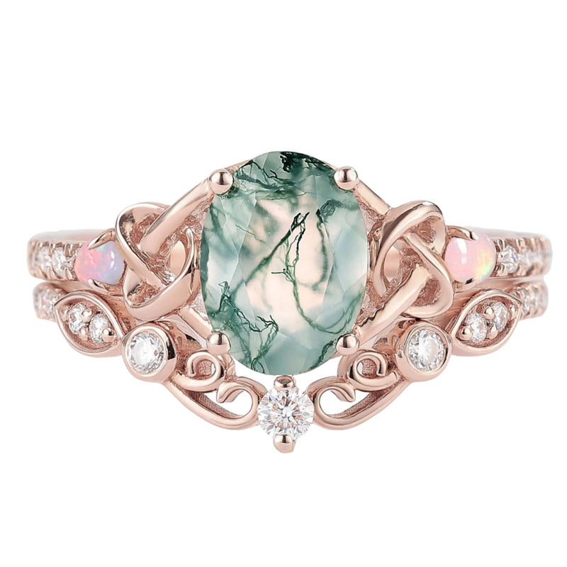 Sterling Silver 10K 14K 18K Gold  Personalized  Engraved Natural Moss Agate Engagement Bridal Wedding Ring Set