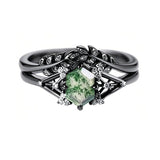 Sterling Silver Personalized  Engraved Hexagon Cut Moss Agate Engagement Wedding Ring Set for Women