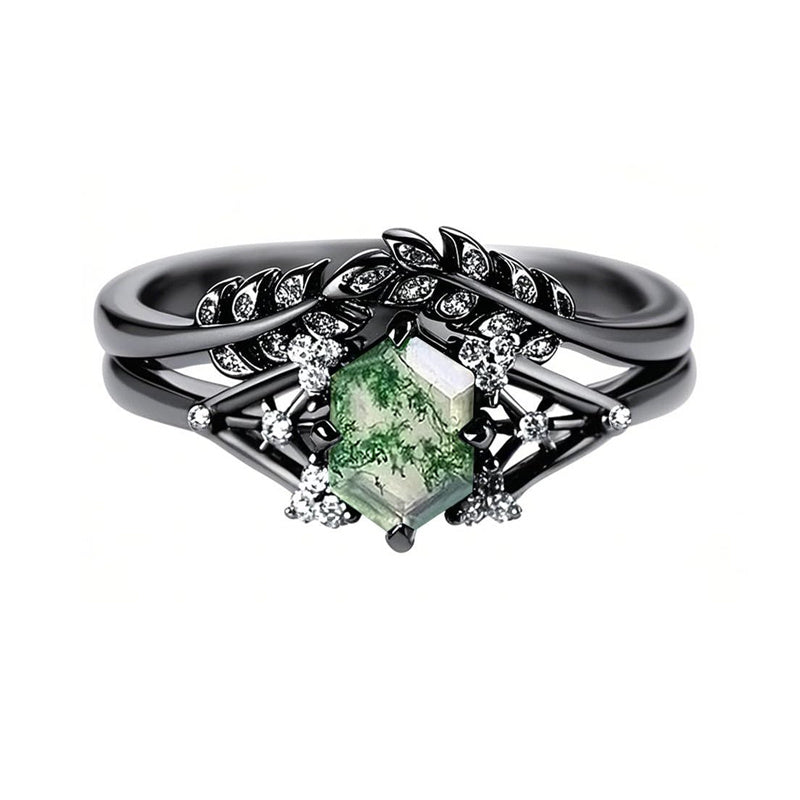 Sterling Silver Personalized  Engraved Hexagon Cut Moss Agate Engagement Wedding Ring Set for Women