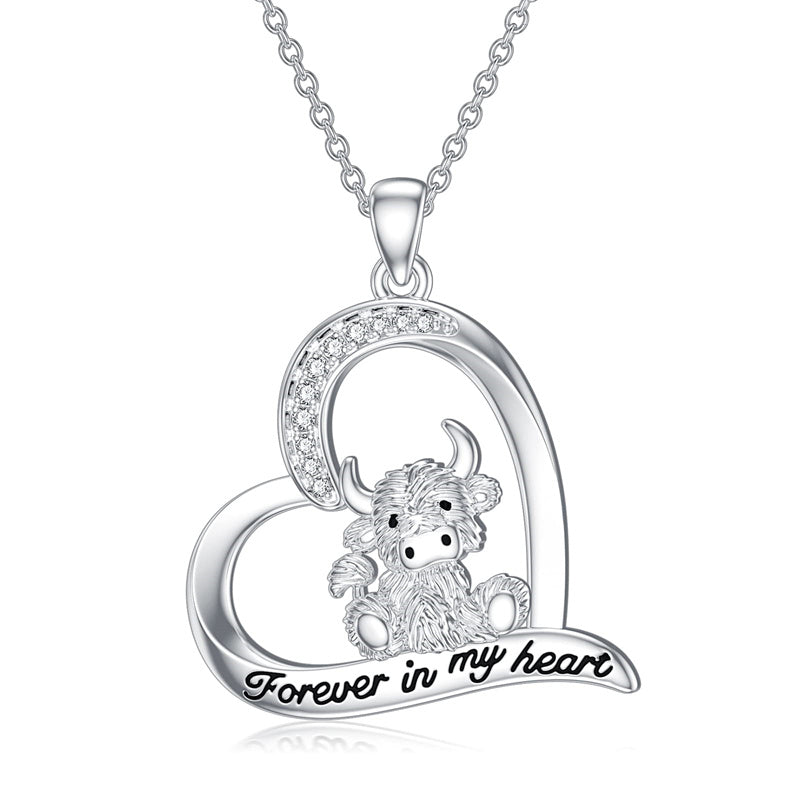 Sterling Silver Heart Highland Cow Pendant Necklace