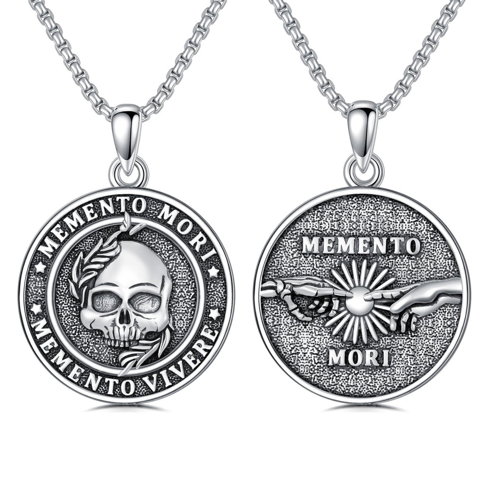 Sterling Silver Gothic Skull Memento Mori Pendant Necklace with Engraved Word