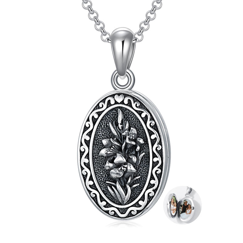 Sterling Silver Personalized Photo 12 Month Birth Flower Pendant Necklace