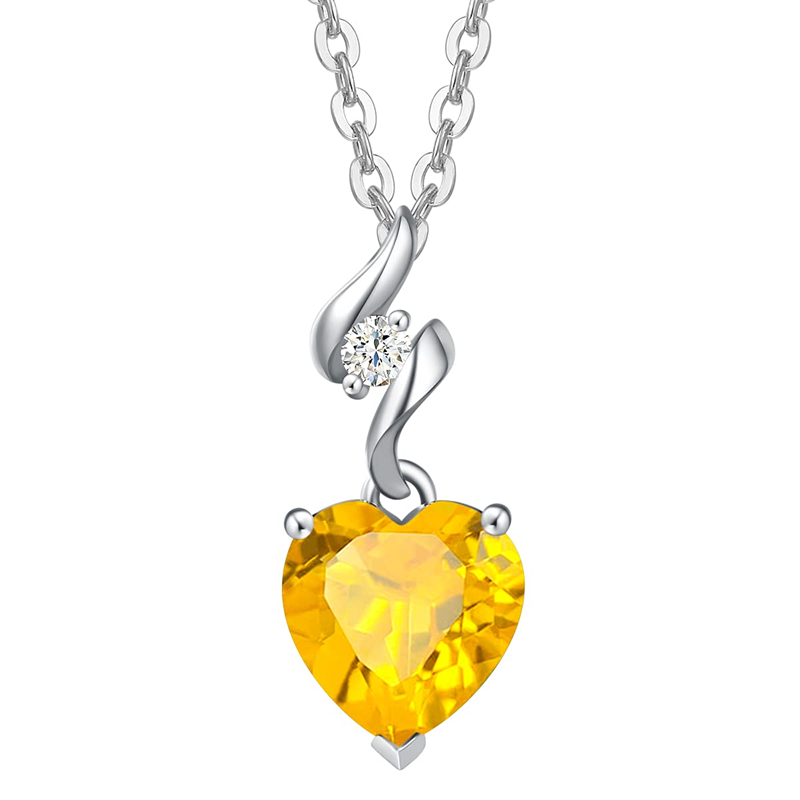 14K Solid White Gold Heart Gemstone Pendant Necklace with Sterling Silver Chain