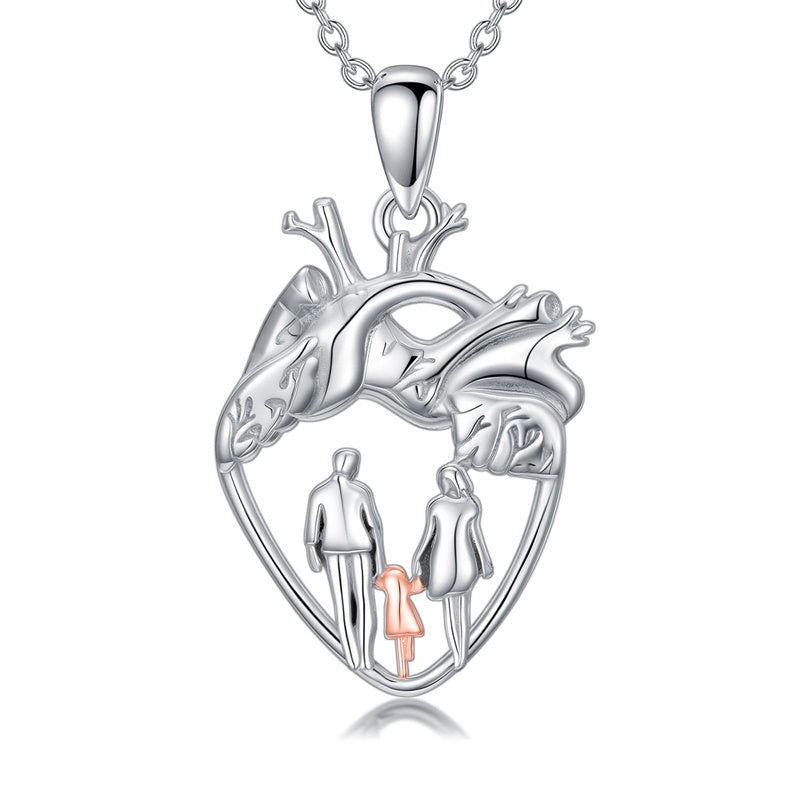 Sterling Silver Anatomical Heart Father Mother Daughter Sister Mother Daughter Pendant Necklace
