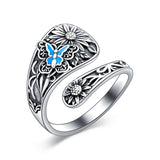 Sterling Silver Personalized Engraved Sunflower Bee Butterfly Adjustable Spoon Ring