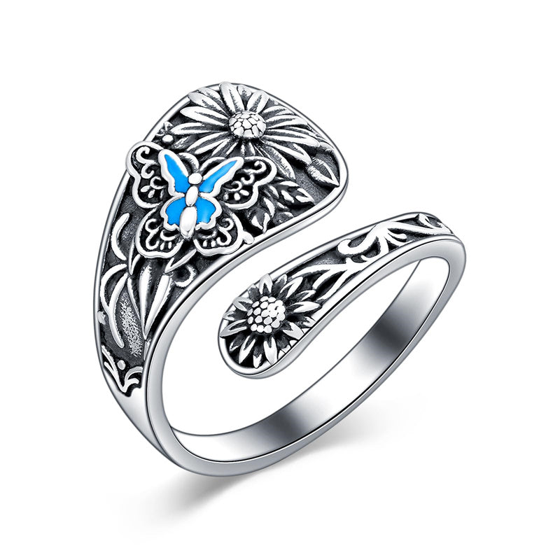 Sterling Silver Personalized Engraved Sunflower Bee Butterfly Adjustable Spoon Ring
