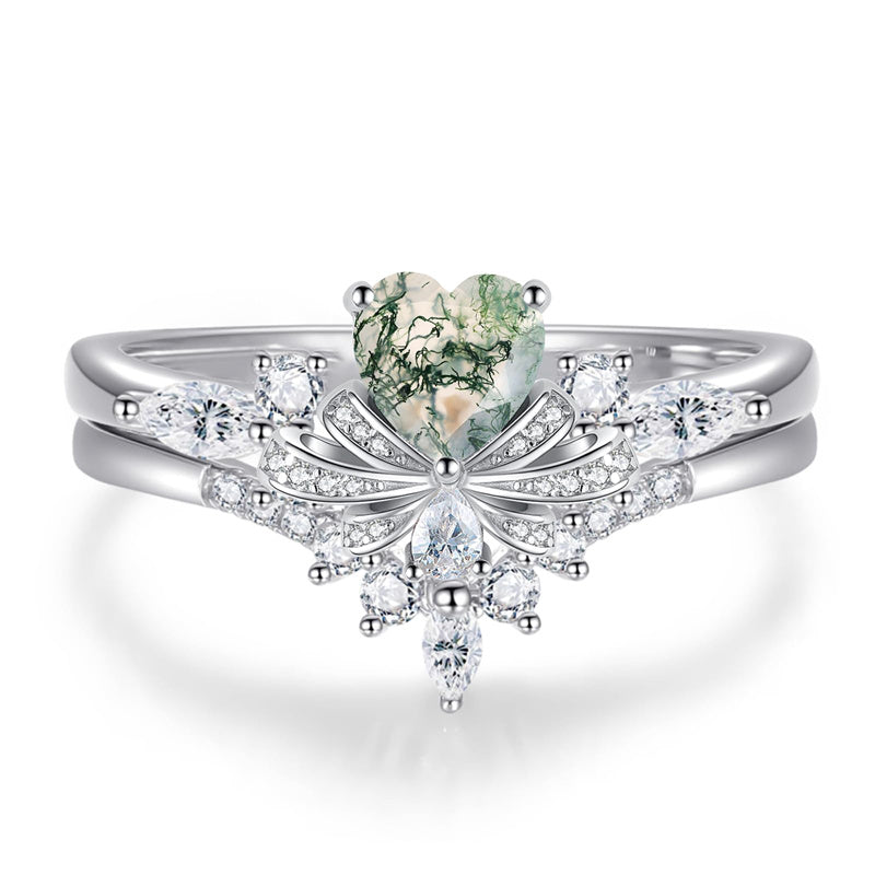 Sterling Silver Heart Natural Moss Agate Engagement Wedding Promise Ring  for Women
