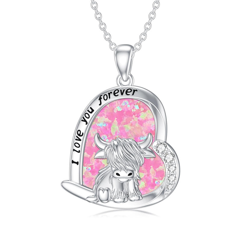 Sterling Silver White Shell Malachite Blue Opal  Abalone Shell Pink Opal Highland Cow Pendant Necklace