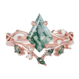 Sterling Silver 10K 14K 18K Gold  Personalized  Engraved Natural Moss Agate Engagement Bridal Wedding Ring Set