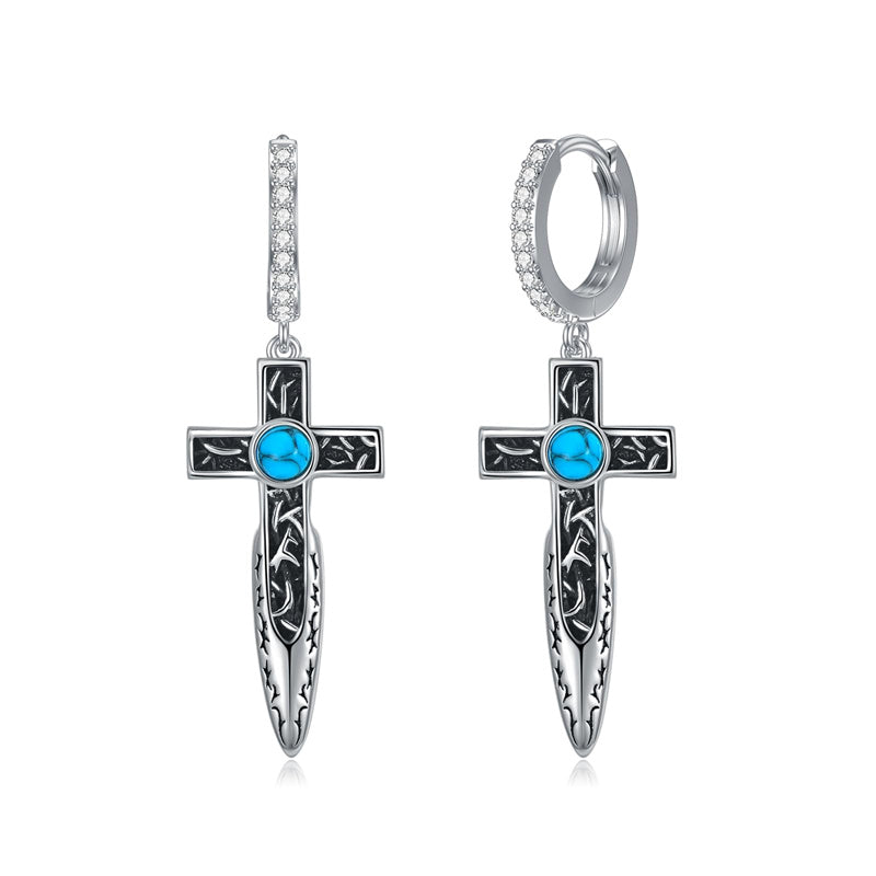 Sterling Silver Turquoise Cross Hoop Earrings