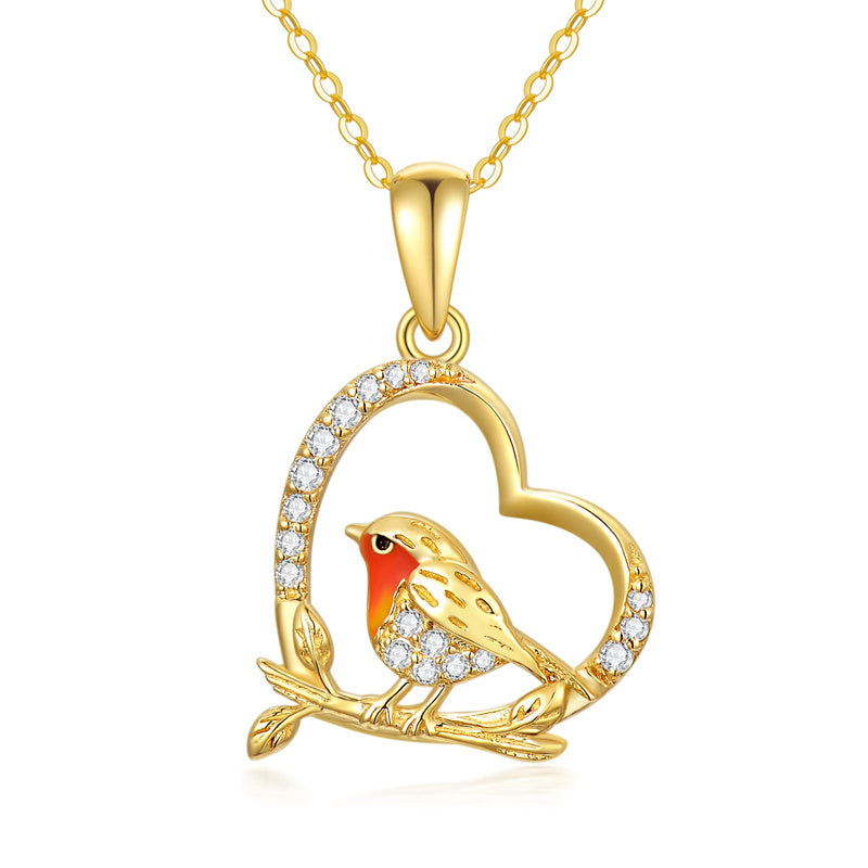 14K Gold 5A Cubic Zirconia Robin Bird Heart Pendant Necklace