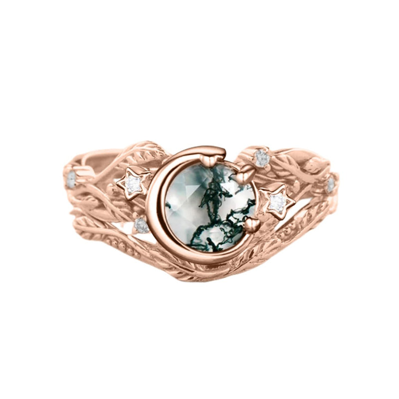 Sterling Silver Personalized  Engraved  Round Cut Moss Agate Engagement Wedding Ring Set for Women