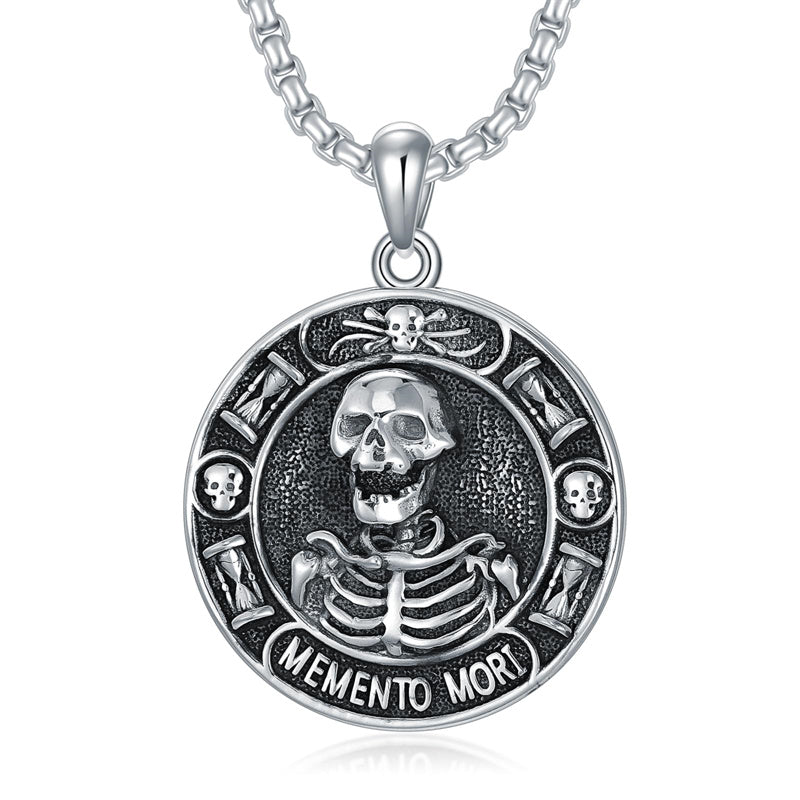 Sterling Silver Memento Mori Skull Pendant Necklace