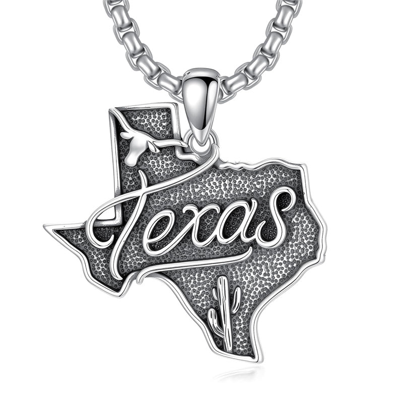 Sterling Silver Texas State Map Flag Pendant Necklace for Men