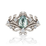 Sterling Silver Personalized  Engraved Pear Cut Moss Agate Engagement Wedding Ring Set for Women