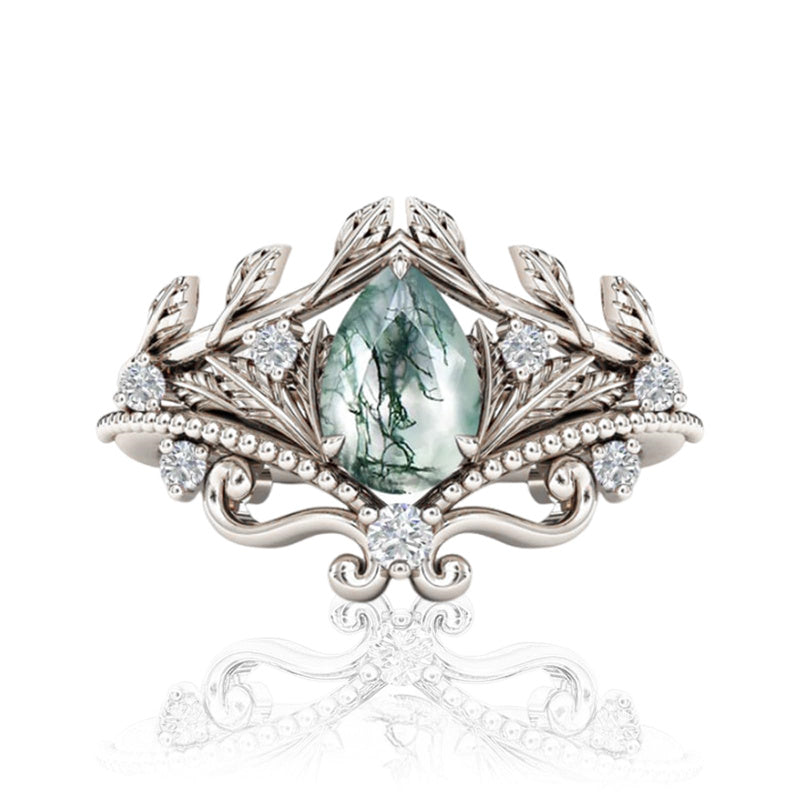 Sterling Silver Personalized  Engraved Pear Cut Moss Agate Engagement Wedding Ring Set for Women