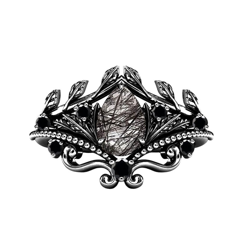 Sterling Silver 10K 14K 18K Personalized Engraved 2CT Natural Black Rutilated Quartz Engagement Ring Set