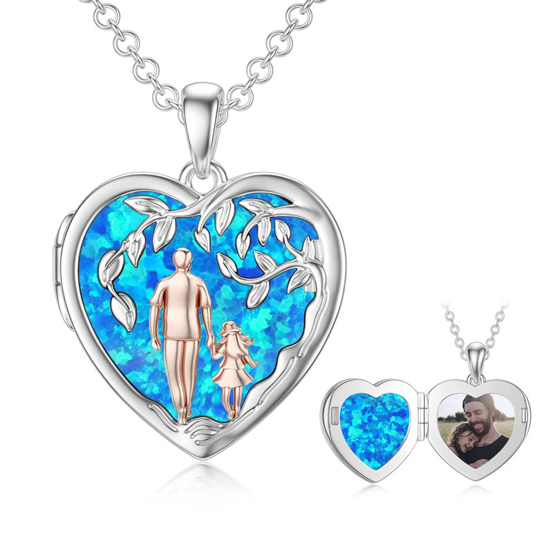 Sterling Silver Personalized Photo Blue Opal Luminous Stone Pink Opal Father Daughter Pendant Necklace
