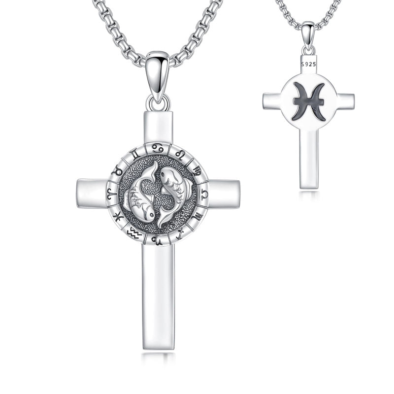 Sterling Silver 12 Constellation Cross Pendant Necklace