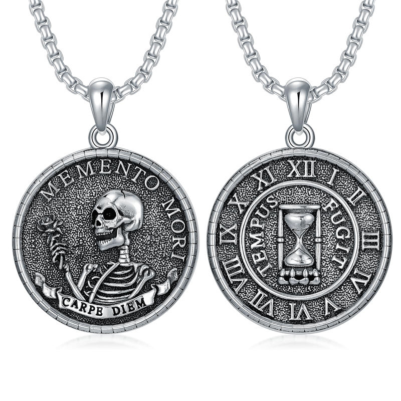 Sterling Silver Memento Mori Pendant Necklace for Men