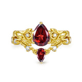 Sterling Silver 10K 14K 18K Gold Pear Cut Gemstone Leaf  Engagement Ring Set