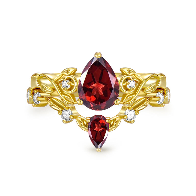 Sterling Silver 10K 14K 18K Gold Pear Cut Gemstone Leaf  Engagement Ring Set