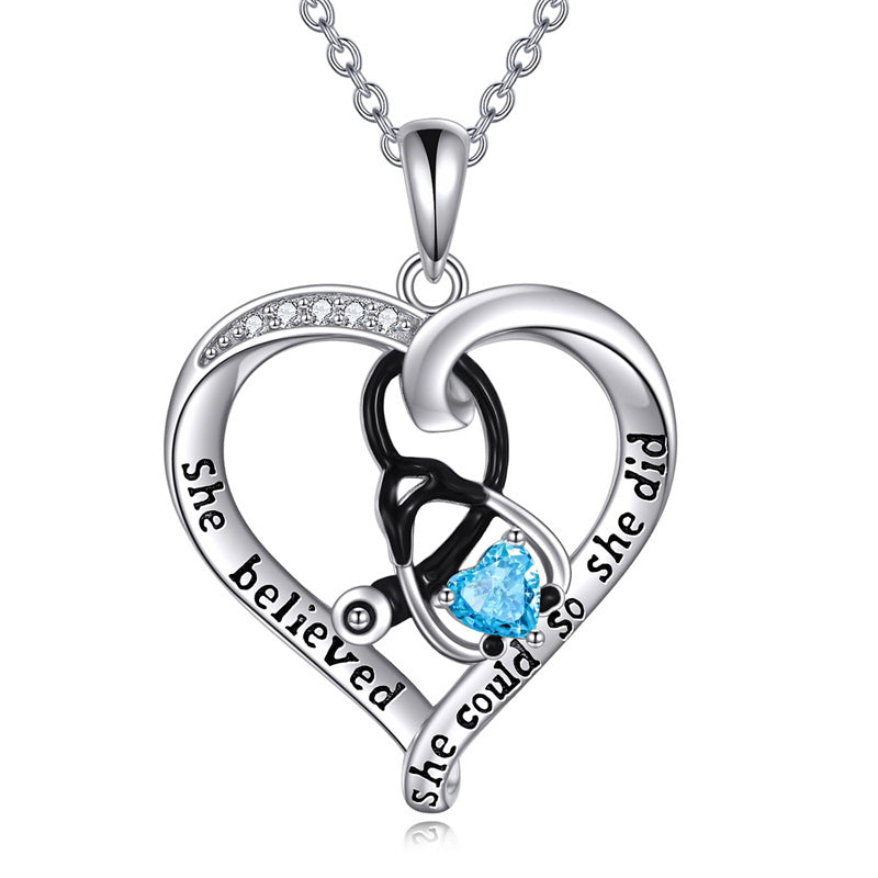 10K 14K 18K Gold Birthstone Caduceus & Stethoscope Pendant Necklace