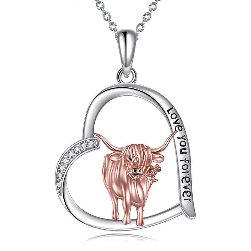 Sterling Silver Heart Highland Cow Pendant Necklace