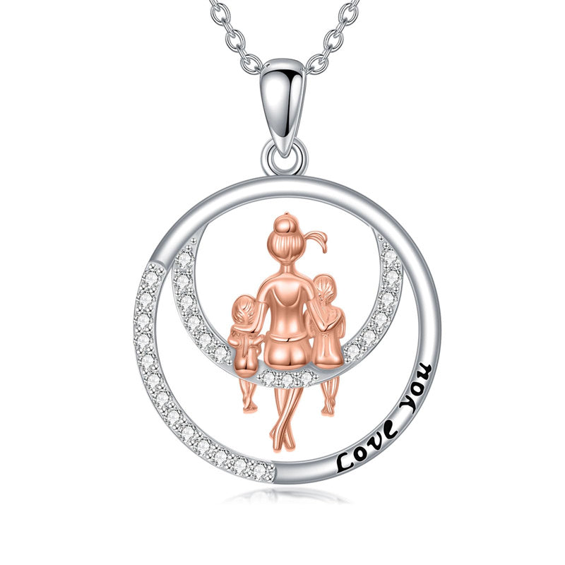 Sterling Silver Mother Daughter Pendant Necklace Engraved with Love You