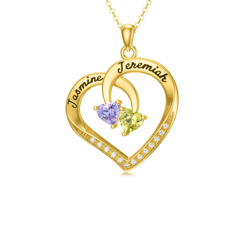 10K 14K 18K Gold Personalized 2 Birthstone Heart Pendant Necklace
