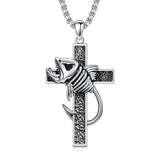 Sterling Silver Shark Fish Hook Triple Moon Cross Pendant Necklace