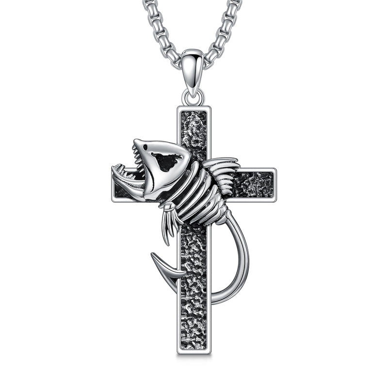 Sterling Silver Shark Fish Hook Triple Moon Cross Pendant Necklace