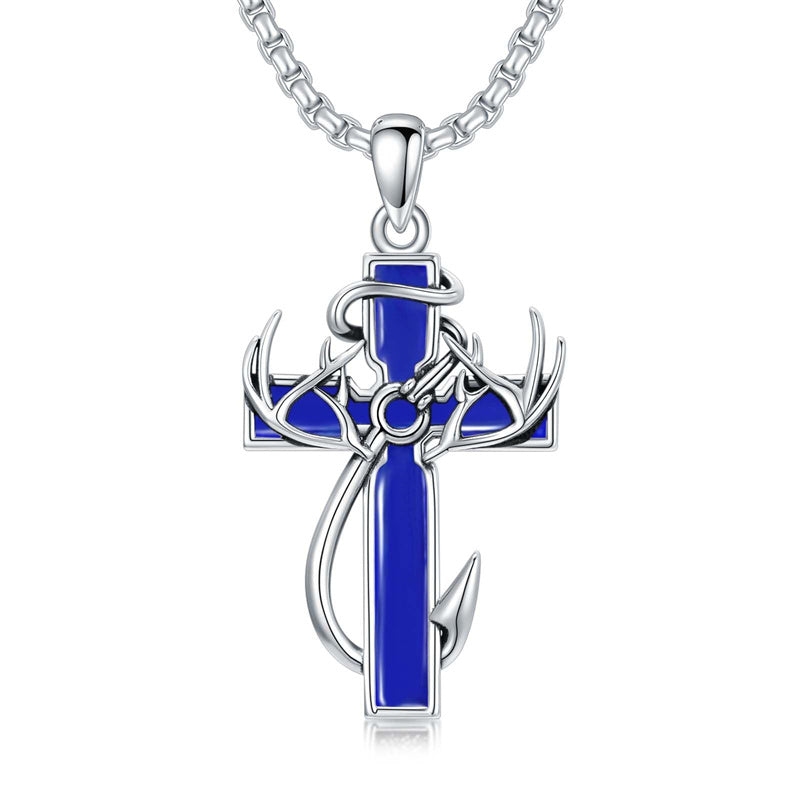Sterling Silver Fish Hook Cross Pendant Necklace for Men