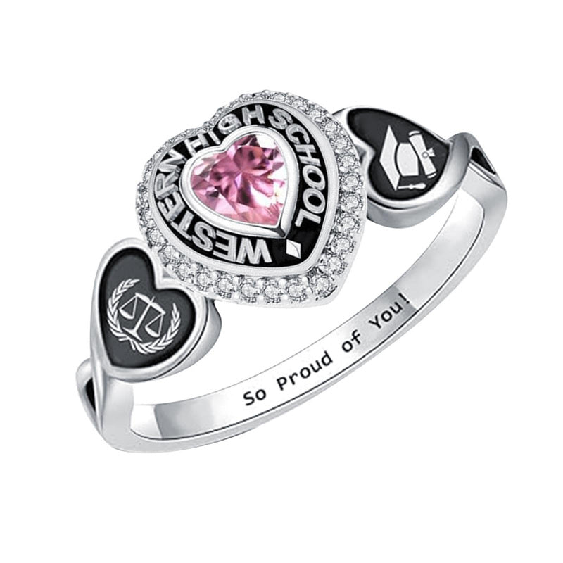 Sterling Silver Personalized Pattern Engraved Birthstone Class Ring for Women