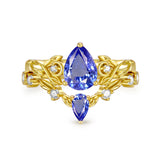 Sterling Silver 10K 14K 18K Gold Pear Cut Gemstone Leaf  Engagement Ring Set