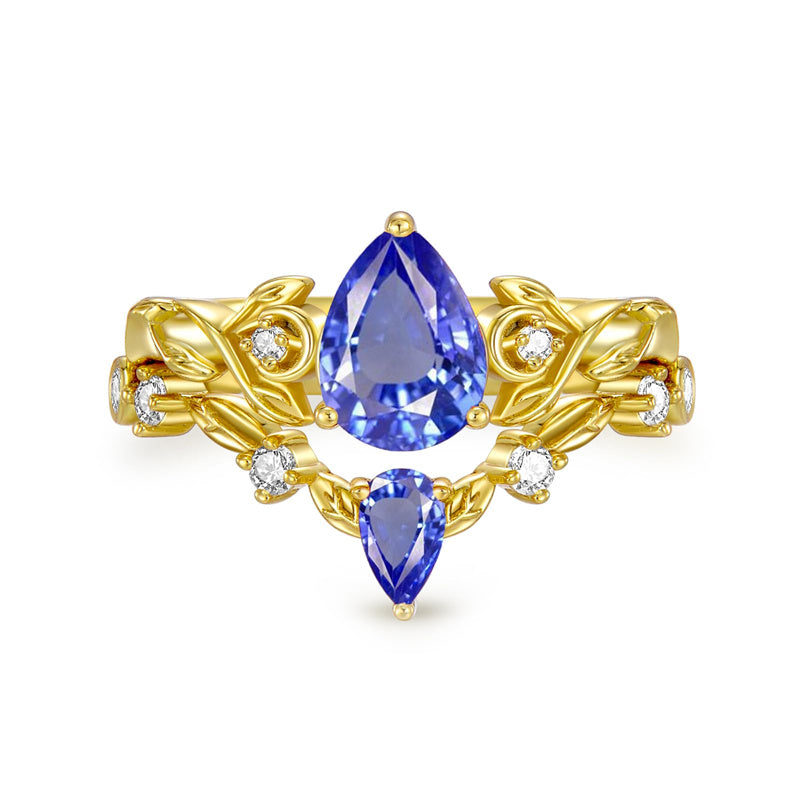 Sterling Silver 10K 14K 18K Gold Pear Cut Gemstone Leaf  Engagement Ring Set