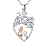 Sterling Silver Anatomical Heart Girl withr Dog Cat Pendant Necklace