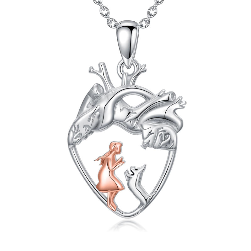 Sterling Silver Anatomical Heart Girl withr Dog Cat Pendant Necklace