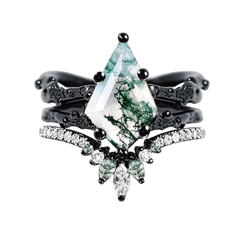 Sterling Silver Personalized Engraved  Kite Cut Moss Agate Engagement Wedding Ring Set for Women