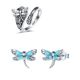 Sterling Silver White Turquoise Dragonfly Spoon Ring and Dragonfly Sunflower Stud Earrings