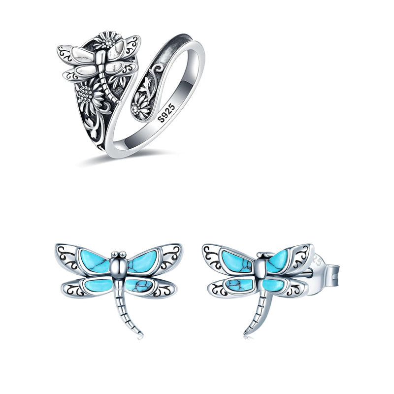 Sterling Silver White Turquoise Dragonfly Spoon Ring and Dragonfly Sunflower Stud Earrings