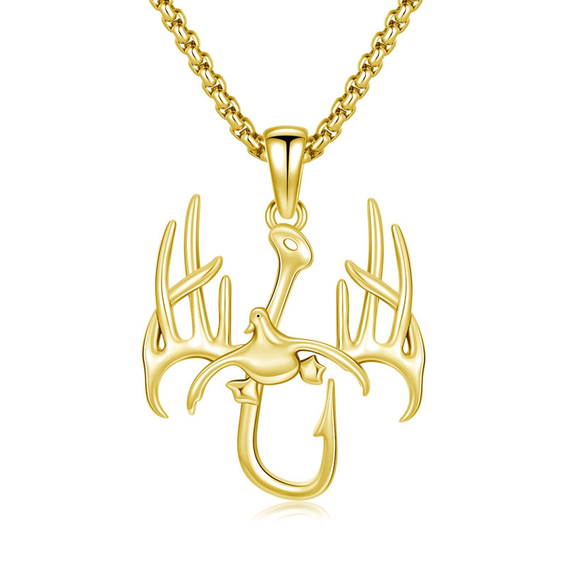 Sterling Silver Fish Hook& Antler Duck Pendant Necklace for Men