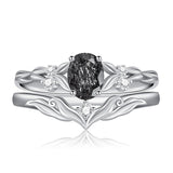 Sterling Silver 10K 14K 18K Gold  Oval Cut Unique Vine Gemstone Wedding Ring Set