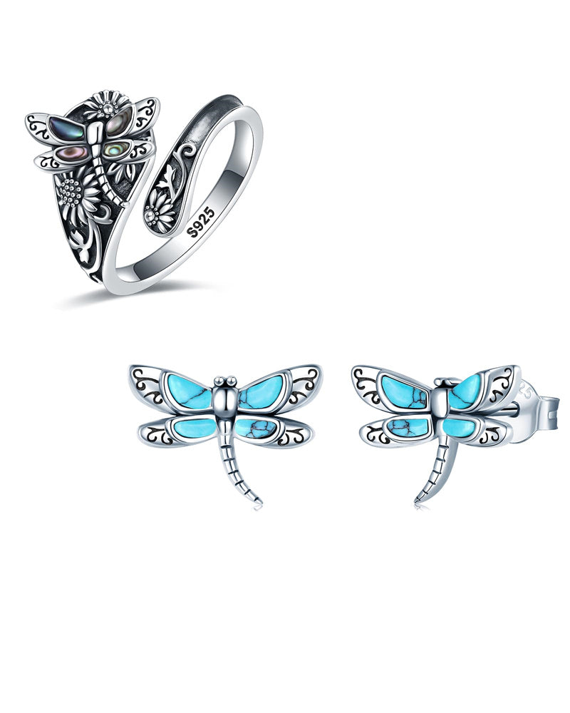 Sterling Silver Vintage Abalone Shell Dragonfly Sunflower Spoon Ring and Turquoise Dragonfly Earrings Set