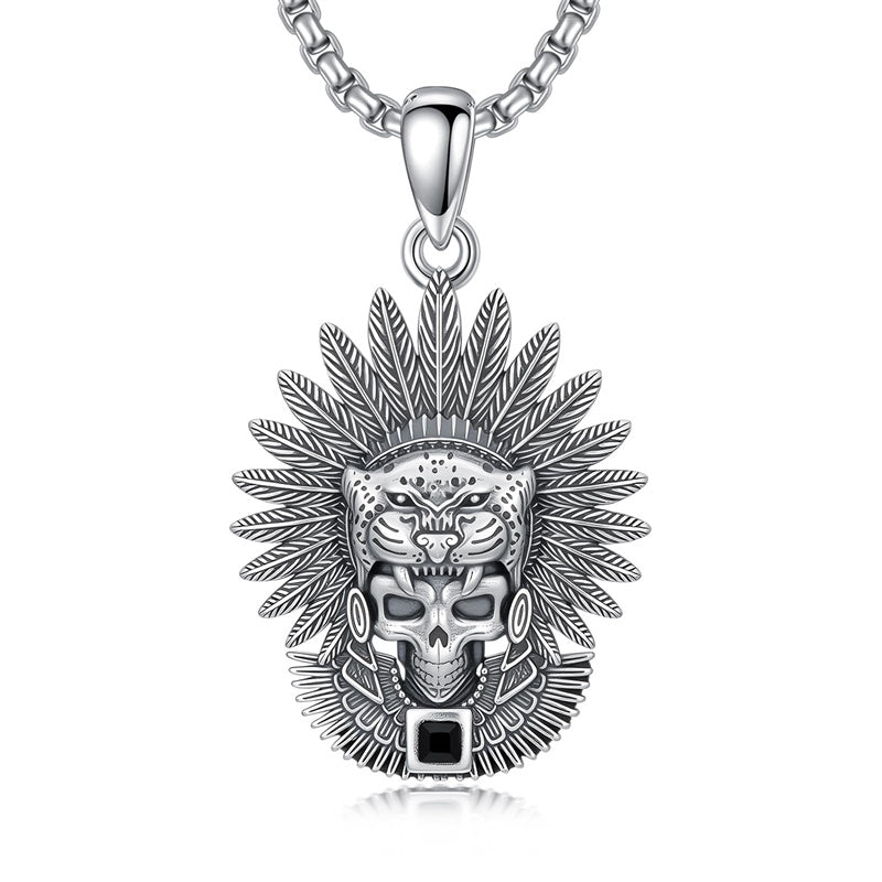 Sterling Silver Mictlantecuhtli Quetzalcoatl Tezcatlipoca Skull Pendant Necklace Aztec Jewelry For Men