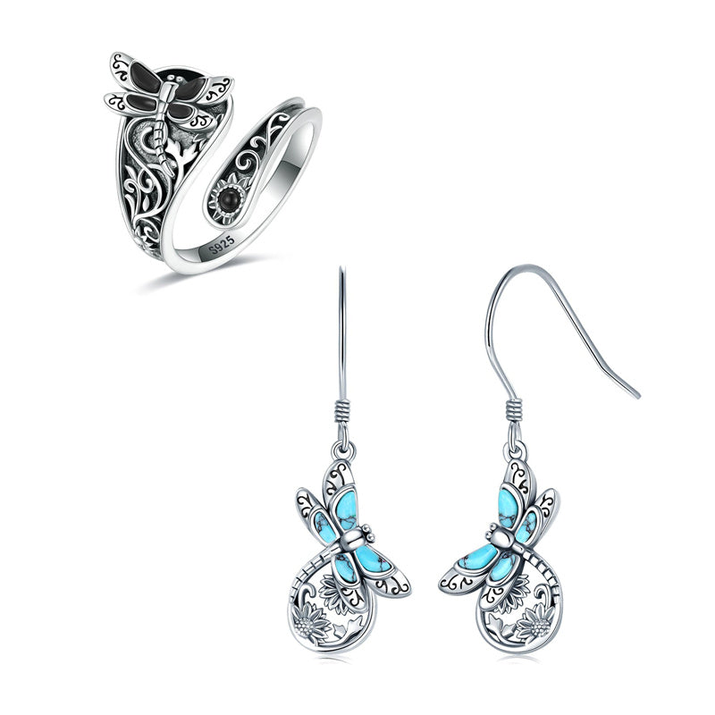 Sterling Silver Vintage Black Onyx Dragonfly Sunflower Spoon Ring and Turquoise Dragonfly Earrings Set