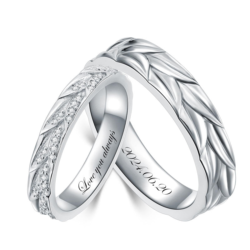 Sterling Silver 10K 14K 18K Gold Personalized Engraved Diamond Couples Rings Wedding Band Sets