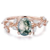 Sterling Silver 10K 14K 18K 2CT Natural Moss Agate Leaf Engagement Wedding Promise Rings Set